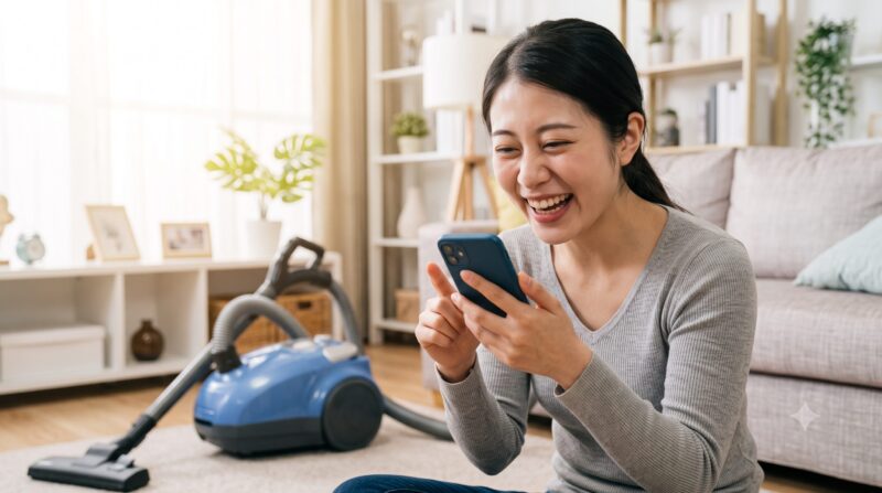 リビングルームで青い掃除機を背景に、スマートフォンを見て楽しそうに笑うアジア人女性