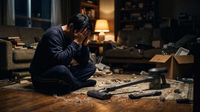 床に置かれたコードレス掃除機を前にして、頭を抱えて悩み後悔している男性の様子。