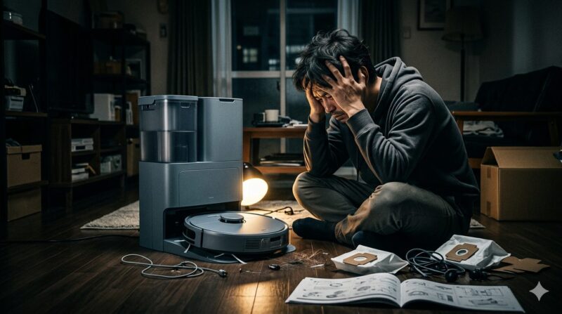 夜の室内で説明書とパーツを前にロボット掃除機の設定に悩み頭を抱える男性