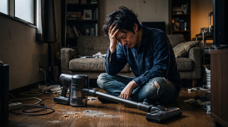 コードレス掃除機LC900Jのスペックや機能から分かったデメリットに頭を抱え絶望する男性