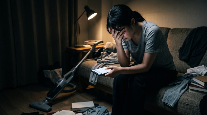 薄暗い部屋でスマートフォンを使い掃除機の口コミをチェックして絶望する女性の画像