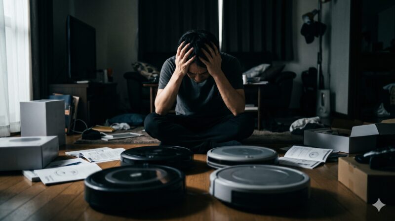 4台のロボット掃除機を床に並べて比較し、どれを選ぶべきか頭を抱えて悩んでいる男性。
