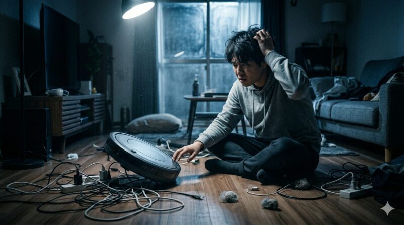 散らかった部屋でロボット掃除機を前に頭を抱えて後悔する男性