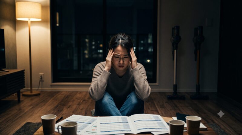 夜の部屋でコードレス掃除機の比較資料を前に、頭を抱えて深く悩む女性の姿。
