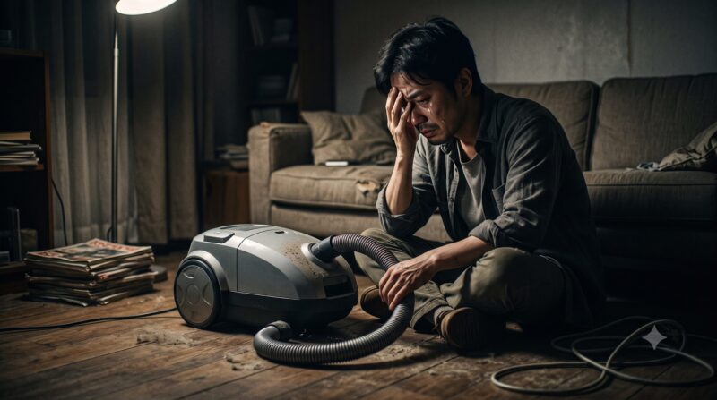 キャニスター掃除機の性能や故障に後悔し、散乱したゴミの前で絶望する男性