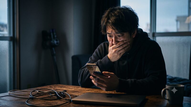 薄暗い部屋でスマホを見て、驚きと絶望の表情を浮かべる若い男性