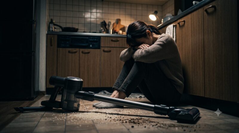 床に散らばったゴミを前に、コードレス掃除機のデメリットや悪い口コミに直面してキッチンで絶望する女性のイメージ画像
