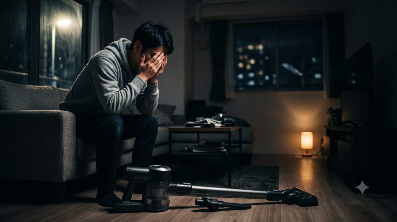 コードレス掃除機のデメリットや購入後の後悔に頭を抱えて絶望する男性のイメージ画像