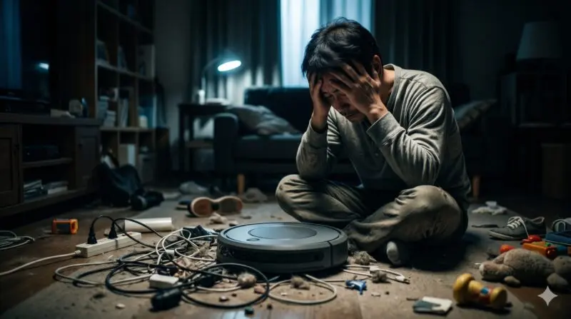 散らかった部屋でコードが絡まったロボット掃除機を前に頭を抱えて絶望する男性。