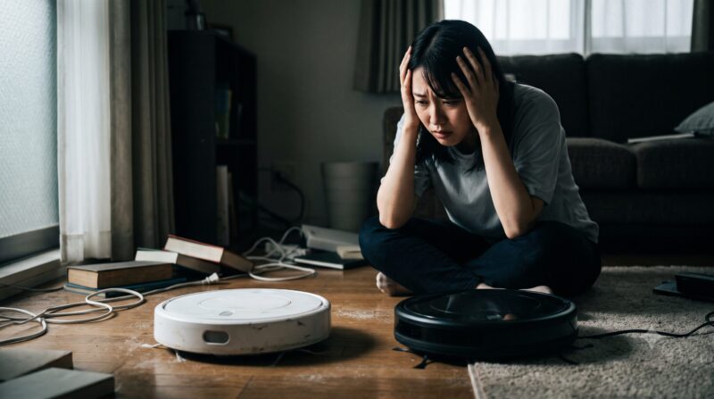 床に置かれた白と黒の2台のロボット掃除機を前に、どちらを選ぶべきか激しく悩み頭を抱える女性。