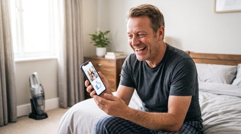 ベッドの上に座り、家族写真と「いいね」アイコンが表示されたスマートフォンを手に持って笑う中高年男性。背景にはコードレスハンディクリーナーが置かれている。