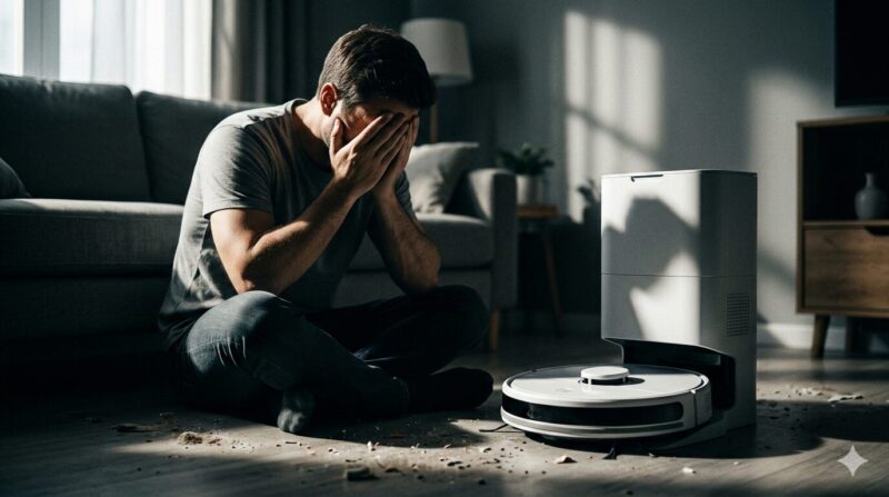 掃除しきれずゴミが散らかった床を前に、自動ゴミ収集機能付きロボット掃除機の横で頭を抱えて絶望する男性。