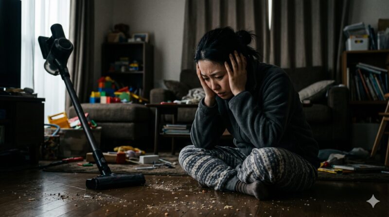 コードレス掃除機を前にして頭を抱え、散らかった部屋で後悔し悩んでいる女性の様子。