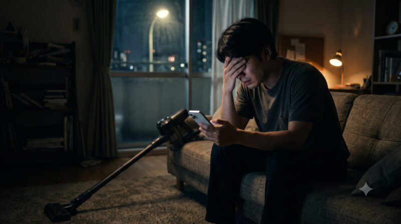夜の暗いリビングで、床のコードレス掃除機を前に、スマートフォンで口コミを検索して絶望する日本人男性。