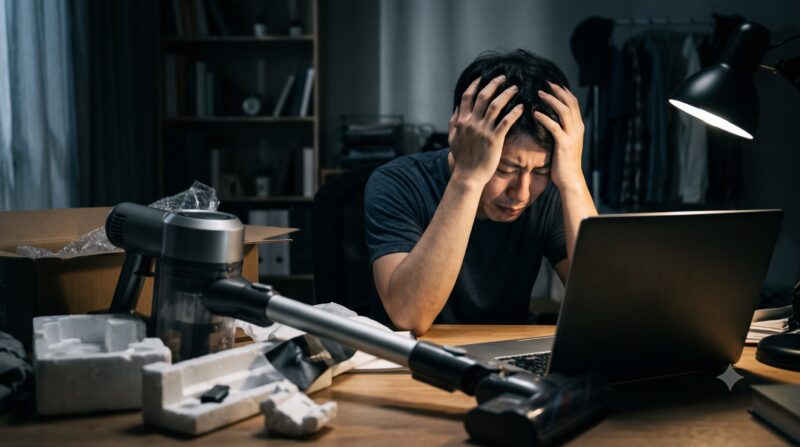 コードレス掃除機の口コミをパソコンで見て、頭を抱えて絶望する男性
