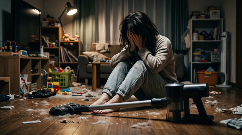 散らかった部屋で掃除機を前に絶望する女性：掃除機選びの後悔やデメリットを表現