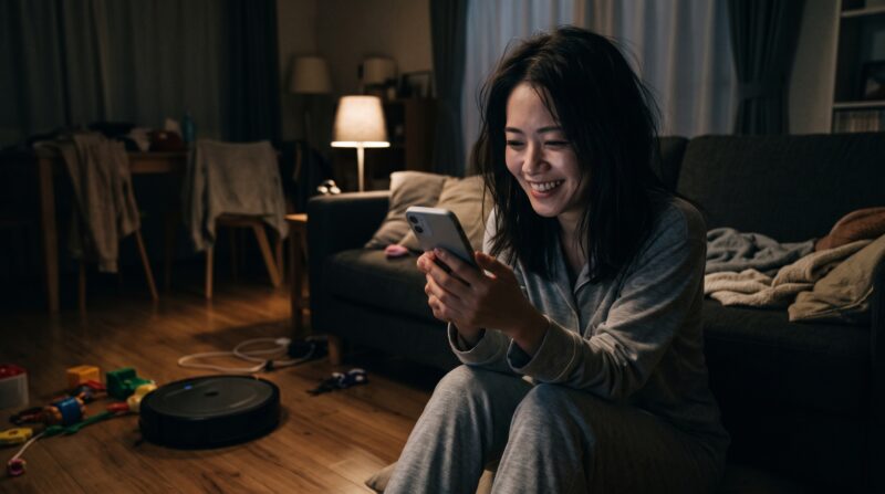 薄暗いリビングルームで、パジャマ姿の日本人女性が床に座り、スマートフォンを笑顔で見つめている様子