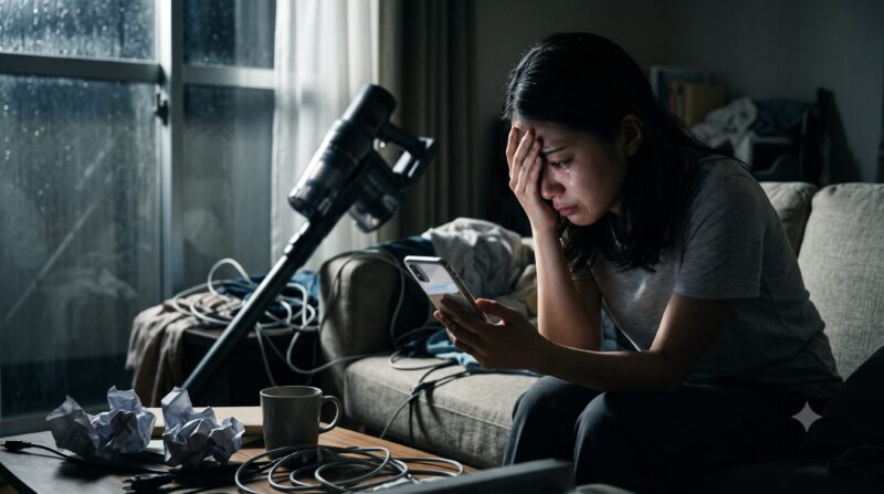 コードレス掃除機の口コミをスマートフォンで見て絶望し、散らかった部屋で泣き崩れる若い女性。