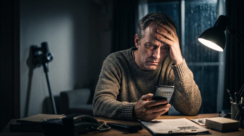 夜、デスクでスマートフォンを見ながら、深刻な表情で頭を抱えて悩む男性。