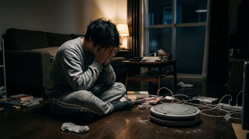 ロボット掃除機のデメリットに悩み、薄暗い部屋で頭を抱えて後悔する男性。