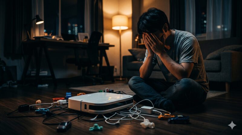 ケーブルが絡まったロボット掃除機を見て、床に座り絶望する男性
