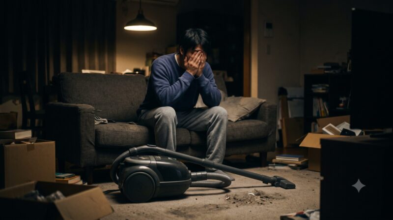 掃除機の性能にがっかりし、散らかった部屋で頭を抱えて悩む男性。