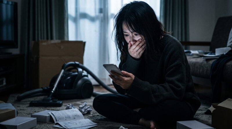 かるパック CV-KP90Pの口コミや評判をスマートフォンで調べて後悔や不安に暮れる女性とリビングのイメージ写真