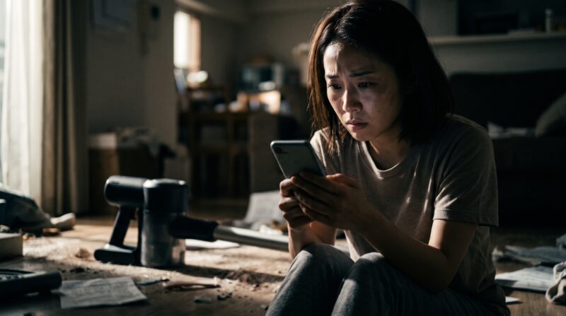 散らかった部屋でスマホの口コミを見て不安になる女性