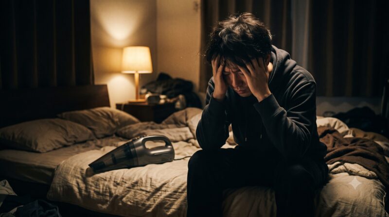 薄暗い寝室のベッドの上で、一般的なデザインの布団クリーナーを前に頭を抱えて悩む男性