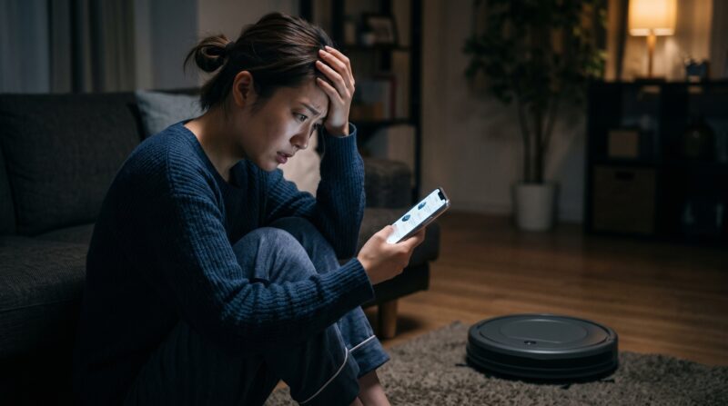 ロボット掃除機の口コミ評判を見て、選び方に失敗したと悩む悲壮感漂う女性の画像。