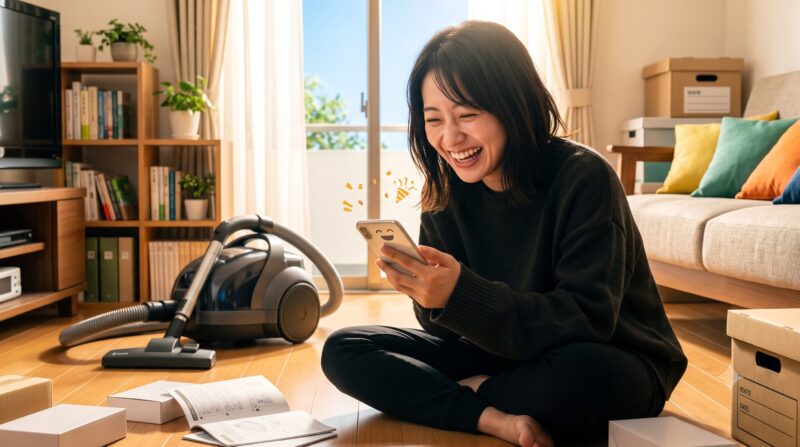 新しい掃除機を購入し、フローリングでスマホの通知を見て喜ぶ笑顔の日本人女性。