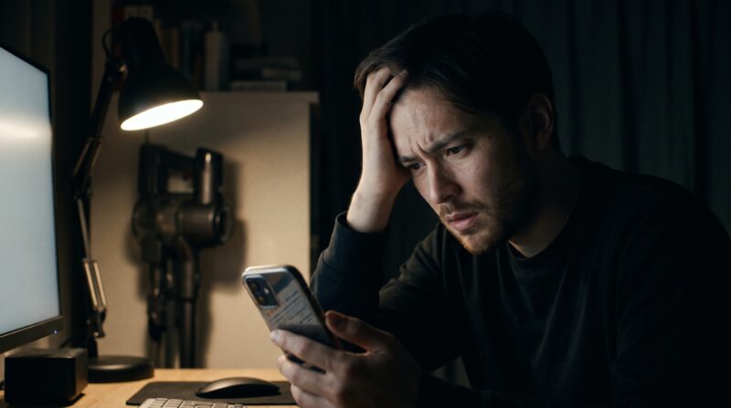 Shark PowerClean 360 PROのFAQや口コミをスマホで確認し、不安げに悩む男性