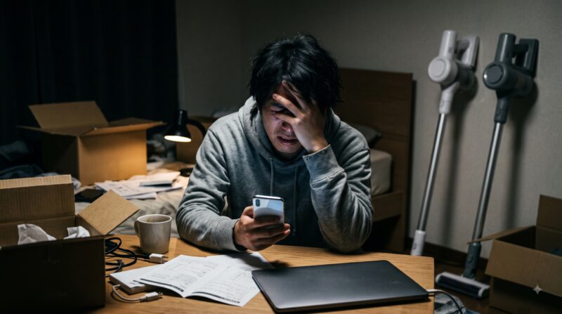 2台のコードレス掃除機を背景にスマホで口コミを調べて比較検討に激しく悩む男性。
