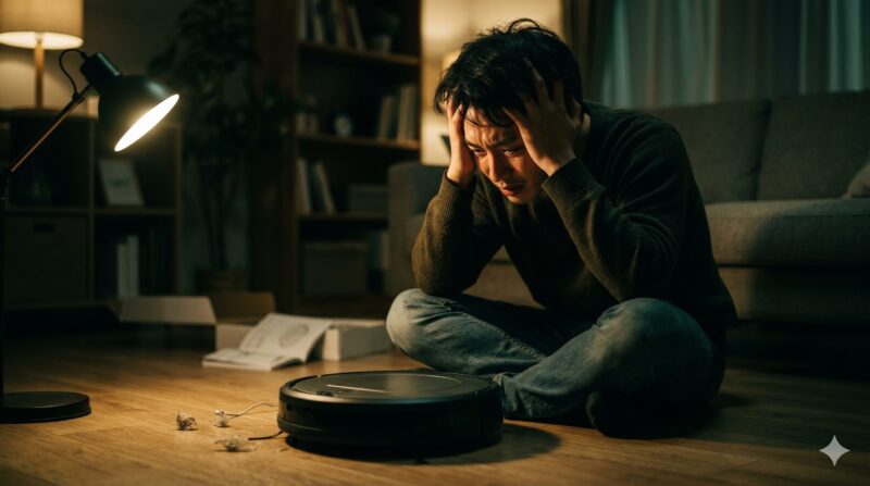 埃だらけの床と動かないロボット掃除機を前に、頭を抱えて後悔する男性。