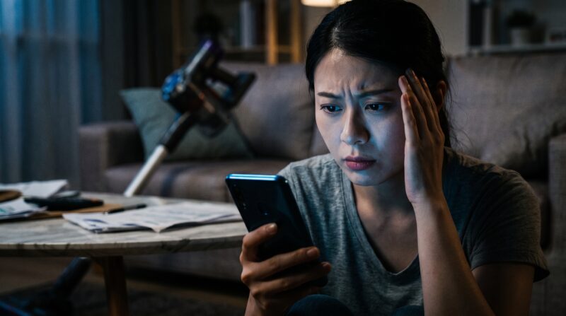 スマホでSCD-185Pの口コミを不安げにチェックする日本女性の、夜間の深刻な様子