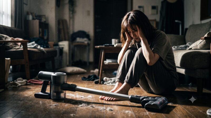 散らかった部屋で絶望し、頭を抱えて座り込む女性と床に置かれたコードレス掃除機。