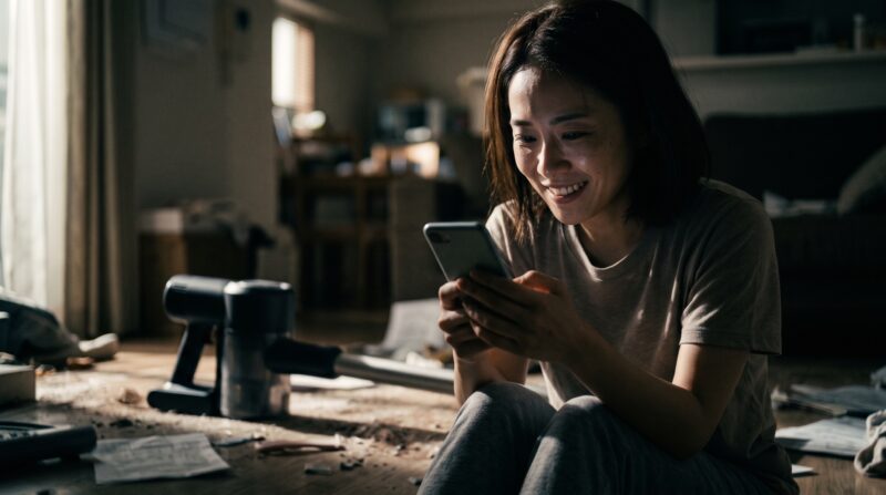 散らかった生活感のある部屋で、スマートフォンを見ながら穏やかに笑う日本人女性とコードレス掃除機