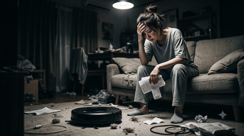 ロボット掃除機のデメリットに悩み、散らかった部屋で頭を抱えて後悔する女性