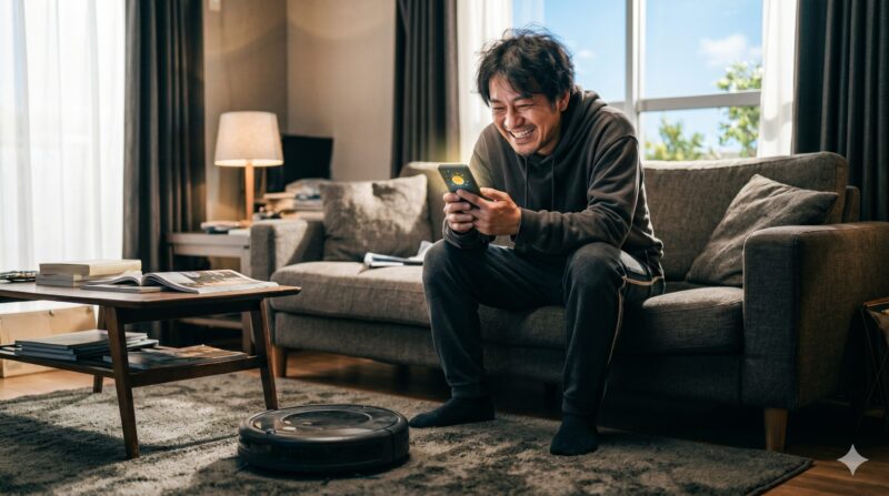 リビングルームでソファに座り、スマートフォンを見て楽しそうに笑う男性。床にはロボット掃除機。