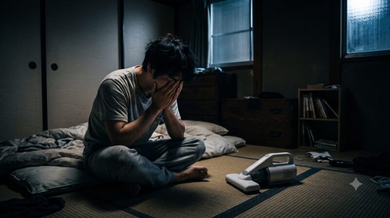 コードレス布団クリーナーの購入を後悔して暗い和室で頭を抱える男性のイメージ画像。