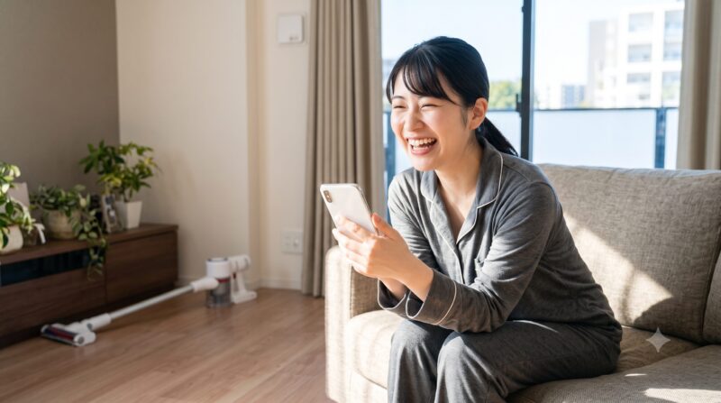リビングルームのソファで、パジャマ姿でスマートフォンを見て爆笑する若い日本人女性。