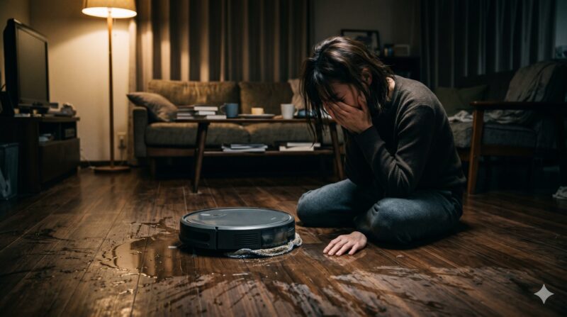 ロボット掃除機の水拭き機能の失敗により床が水浸しになり絶望する女性