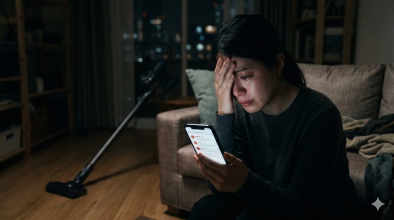 薄暗い部屋でスマホを使ってコードレス掃除機の口コミや評判を調べ、購入を後悔して涙を流す女性。