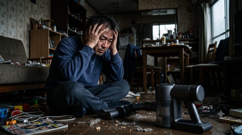 散らかった部屋でコードレススティック掃除機を前に頭を抱えて後悔している男性。