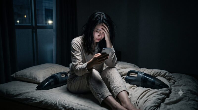 夜、パジャマ姿でベッドの上に座り、布団クリーナーを前にスマホを見ながら深刻な表情で悩む日本人女性。