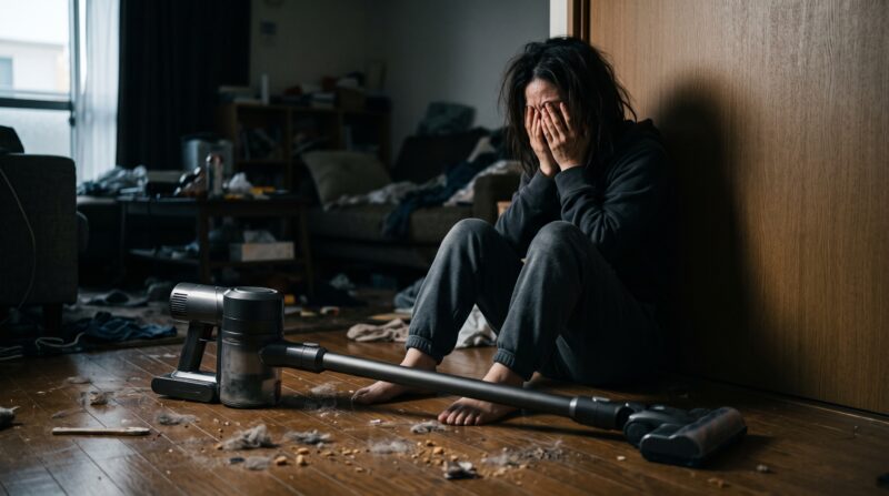 Dyson V8 Cyclone（SV55 FF BK2）の購入を後悔し、散らかった部屋で絶望する日本人女性。