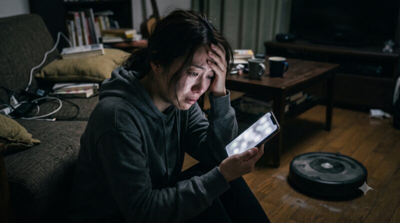 暗い部屋でロボット掃除機の横に座り、スマホで口コミや評判を調べて後悔し絶望している女性。