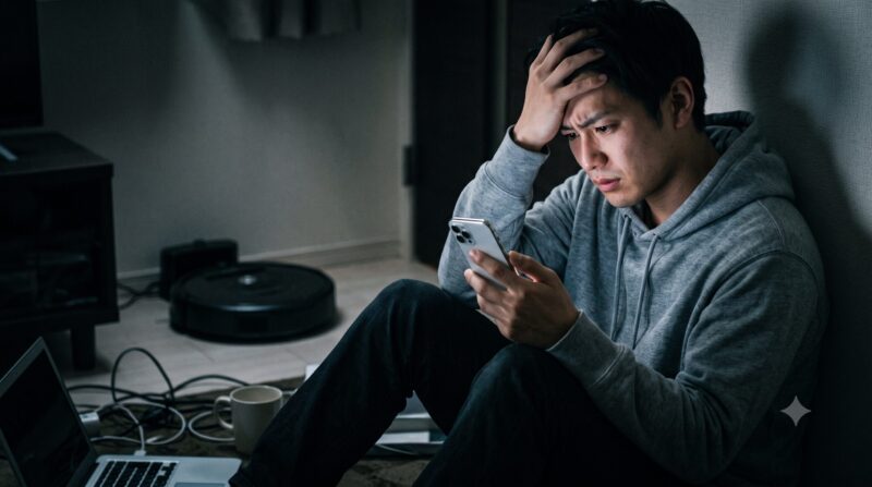 絶望的な表情で床に座り、スマートフォンを握りしめながら頭を抱えて悩む若い日本人男性と、背景にあるロボット掃除機。
