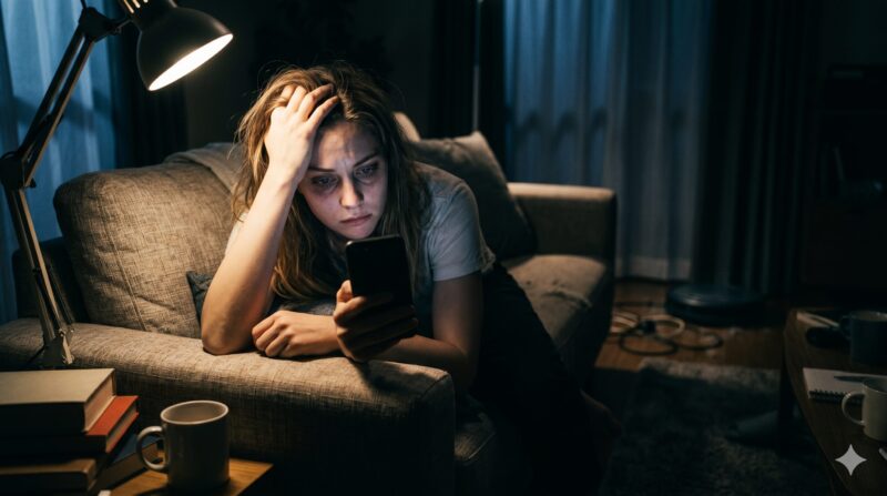 夜、薄暗いリビングのソファでスマートフォンを見つめ、絶望的な表情で頭を抱える疲れた女性