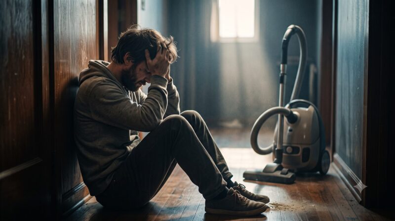 薄暗い部屋で掃除機を前に床へ座り込み、頭を抱えて深く後悔し悩む男性の姿。